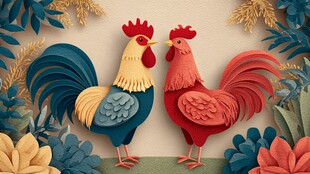 双鸡剪纸风插画 色彩绚丽