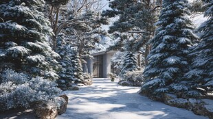 雪覆林间小屋静谧景致