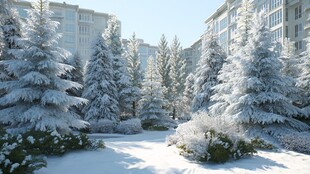 冬日雪覆树木与楼宇景观