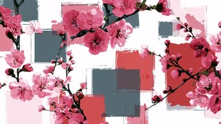 粉色花枝与色块抽象图案