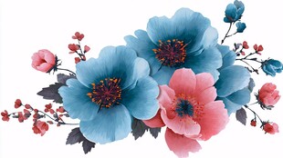蓝粉花卉组合插画