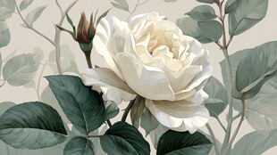 纯白玫瑰与绿叶精致插画