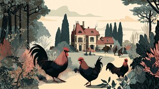 乡村田园中的公鸡与庄园