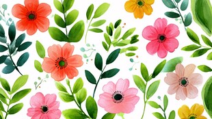 多彩花卉绿叶无缝图案