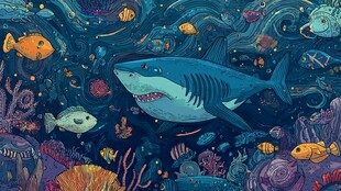 深海鲨鱼与多彩海洋生物