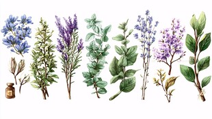 水彩绘芳香植物与小瓶