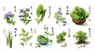 中式水墨风蔬菜花卉图鉴