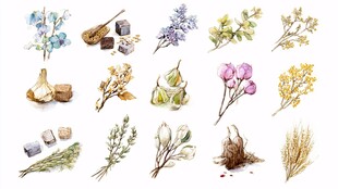 手绘植物花卉与香料组合