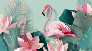 粉色火烈鸟与花卉植物景观