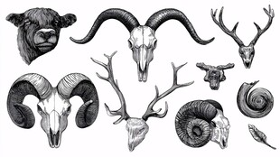 动物头骨与角的精美插画