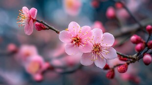 娇艳绽放的粉色梅花枝头