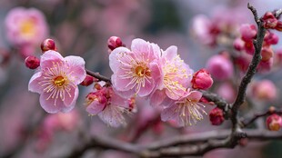 娇艳绽放的粉色梅花枝头