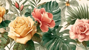 热带花卉与玫瑰精美插画