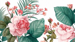 粉色花卉与绿叶插画图案