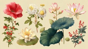 手绘多彩花卉植物集合
