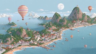 梦幻海滨热气球山海美景