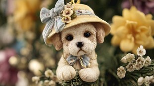 可爱小狗戴帽置身花丛中