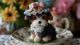 戴花帽的可爱小狗摆件
