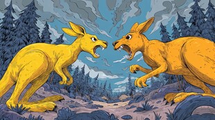 两只袋鼠野外对峙场景