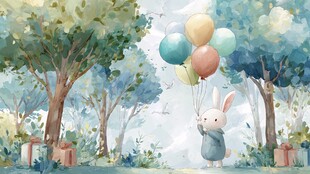 森林中持气球的可爱小兔