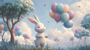 兔子持气球漫步梦幻草地
