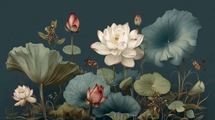 水墨风荷花荷叶昆虫图