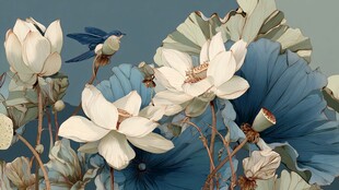 水墨风荷花与飞鸟图景