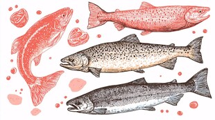手绘多彩三文鱼插画展示