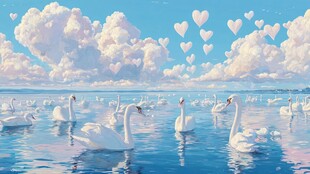 天鹅在爱心云朵下的浪漫湖景