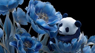 蓝花簇拥下的可爱熊猫
