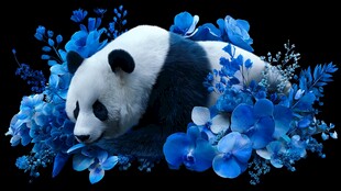 蓝花环绕的憨态熊猫