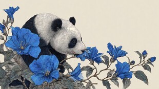 熊猫嗅闻蓝花的美妙瞬间