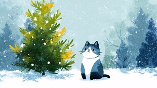 雪中小猫伴圣诞树