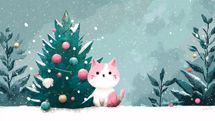 雪地中猫咪与圣诞树