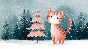 雪中小猫与粉色圣诞树