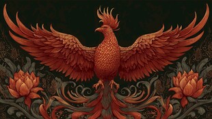 凤凰展翅 祥瑞花卉相伴