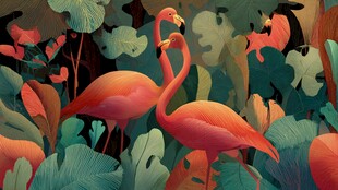 火烈鸟栖息于繁茂热带植物间