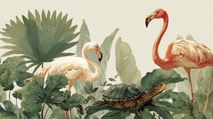 热带丛林中的火烈鸟与海龟