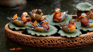 精致木雕盘上的多彩鸳鸯
