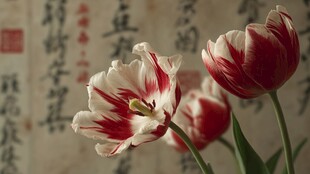 红白郁金香与古风背景