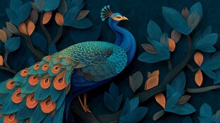 蓝孔雀栖于繁茂叶间