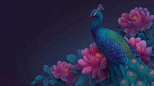 孔雀栖于盛放牡丹旁