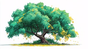 茂盛的绿树绽放金黄花朵