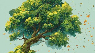 夏日繁茂大树飘洒金黄叶