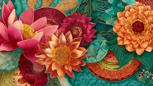 多彩花卉与绿叶精美图案