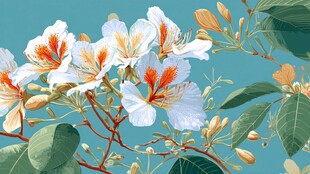 蓝天下的美丽羊蹄甲花朵