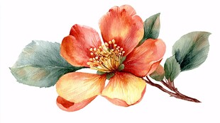 水彩绘橙红花朵与绿叶