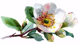 水彩绘白色山茶花绽放