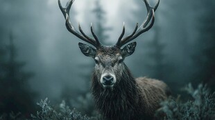 雾中雄鹿的神秘凝视