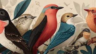 多彩群鸟栖于繁茂枝叶间